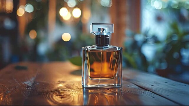 A clear square glass bottle of amber-colored liquid on a reflective wooden surface with a softly blurred background of warm and cool lights