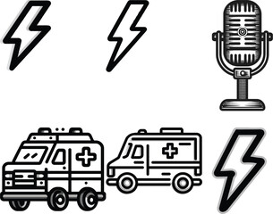 Lightning Bolt Microphone and Ambulance Icons on White Background 