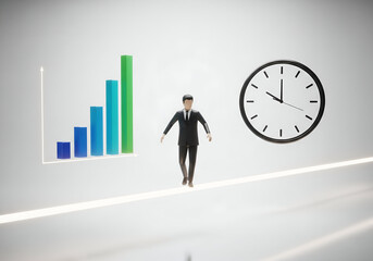 Business man walking on line between time clock and growth chart success concept illustration