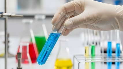 A close up of hand working with test tube, the background of colorful chemicals and lab tools, focusing on the action