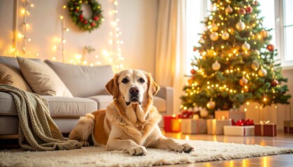Friendly pet in a cozy home decorated for Christmas — ideal for pet lovers, holiday cards, lifestyle, winter marketing.