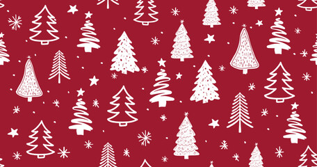 Christmas tree pattern on red background, Hand drawn illustrations.