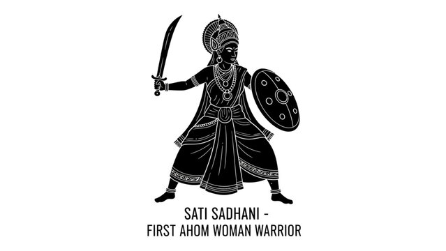 Sati Sadhani First Ahom Woman Warrior Silhouette Vector Illustration.