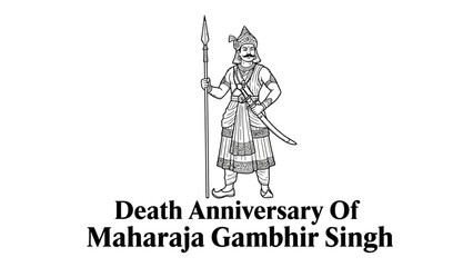 Illustration of Maharaja Gambhir Singh in traditional attire holding a spear.