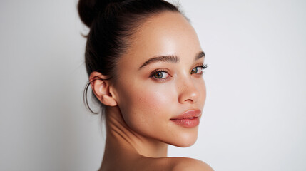 Obraz premium Close up portrait of a woman with a topknot hairstyle and hoop earring looking over shoulder