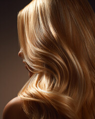 Naklejka premium Ultra-high-detail haircare beauty image, long shiny hair flowing under soft backlight, luxury advertisement feel, dramatic but clean lighting, rich contrast