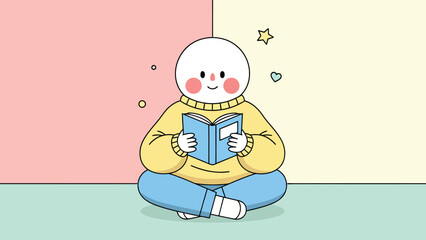 Illustration of a person reading a book with a happy expression.