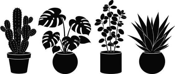 Potted indoor plant silhouette set, cactus monstera and modern houseplants for home decor, interior design, isolated botanical vector collection