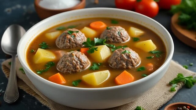 Eine klassische Fleischb&auml;llchensuppe mit zarten Fleischb&auml;llchen, Kartoffeln, Karotten und frischen Kr&auml;utern