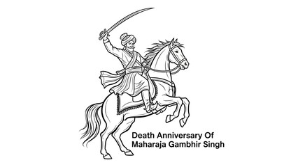 Black and white line art of Maharaja Gambhir Singh on horseback.