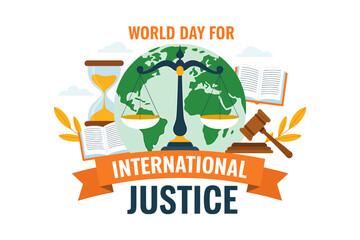 World day for international justice illustration with earth and scales