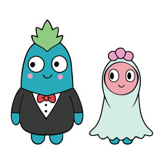 A cute kawaii groom monster beams with tiny fangs and a bow tie, standing beside an over-the-top bridezilla whose fiery charm and big grin make their chaotic love adorable.

