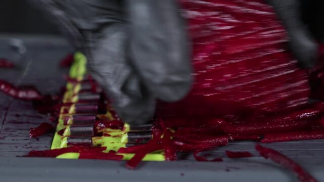 Hand in black glove grating fresh vibrant red beetroot on a mandoline slicer, producing thin strips for healthy food preparation and nutritious meal cooking