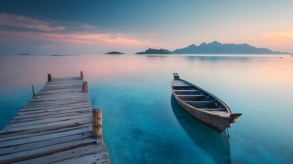 Obraz premium Tropical sunrise over calm turquoise ocean with a wooden boat, peaceful coastal scenery, soft pastel sky, and gentle water reflections