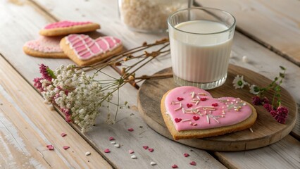 Heart Shaped Cookies with Pink Icing on Wooden Table