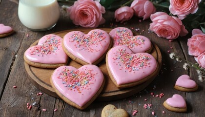 Heart Shaped Cookies with Pink Icing on Wooden Table