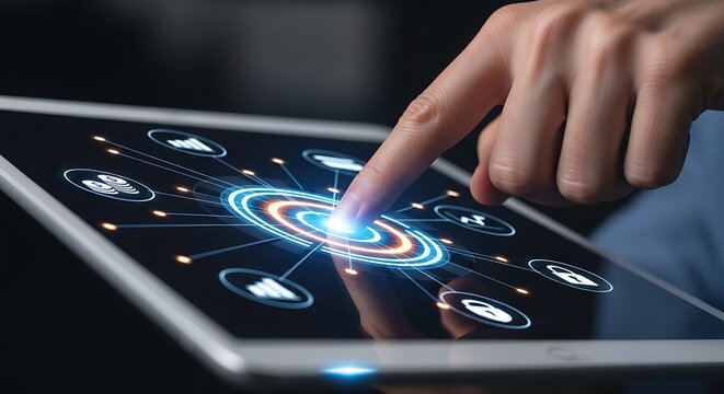 Human hand interacts with futuristic digital interface on a modern tablet
