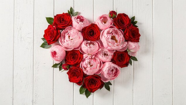 Red Roses and Pink Peonies Arranged in Heart Shape - Powered by Adobe