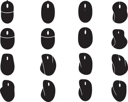 Collection silhouette of computer mouse isolated on, showcasing various designs and ergonomic features for enhanced user experience and precision on a white backgraound