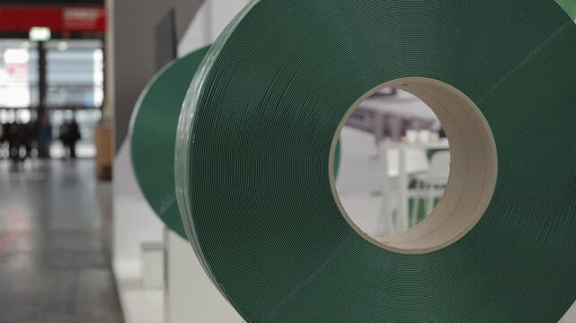 Closeup of large green industrial strapping roll showcased on display stand. Textured polymer banding material with soft background blur of exhibition hall and visitors.