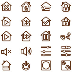 Collection of brown outline house and control icons arranged in a grid on a white background