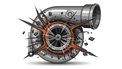 Exploding Turbocharger Illustration - Automotive Engine Power Failure perfect for Automotive blog, mechanic website, car repair manual, racing event promotion,