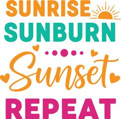 Sunrise sunburn sunset repeat text with sun and hearts in orange teal and pink on a white background