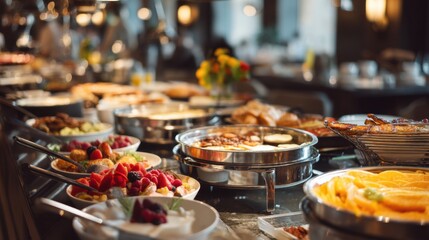 Guests enjoy a wide variety of dishes during brunch at a contemporary restaurant. Fresh fruits pastries and savory options create an inviting atmosphere for socializing.