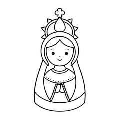 A serene outline of the Virgin of Candelaria holding a glowing candle, with flowing robes, a soft halo, and simple decorative details that invite peaceful coloring.
