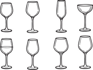 Various glasses for wine. Collection of outline vector illustrations