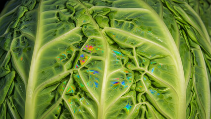 Obraz premium Stunning macro detail of a crinkled green savoy cabbage leaf displaying a natural iridescent rainbow light phenomenon on its surface