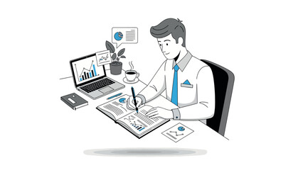 Man meticulously analyzing data and taking notes at his desk.