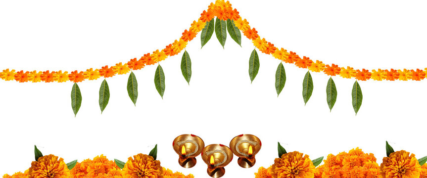 Indian floral wreath with yellow flowers and mango leaves. Traditional decoration for wedding, Hindu holidays, , Onam festival, temple, functions, greeting.