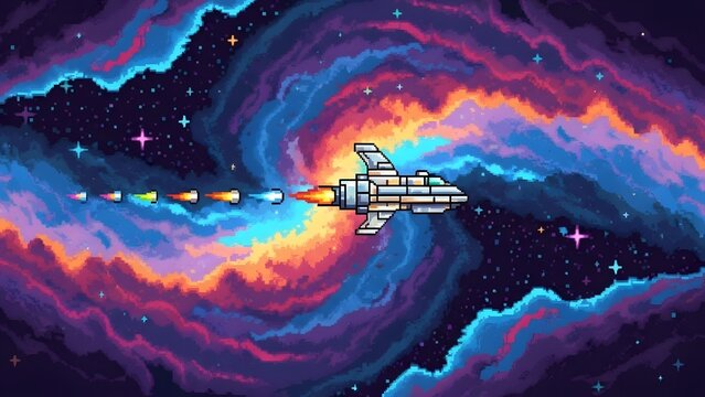 Vibrant Pixel Art Spaceship Blasting Through Cosmic Nebula perfect for video game asset, website banner, social media graphic, digital wallpaper, poster,