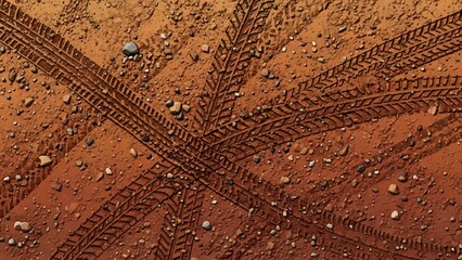Off-Road Tire Tracks on Red Dirt Ground Texture perfect for website background, adventure travel blog, off-road vehicle advertising, textured overlay, social