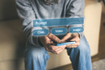 User Utilizing a Smartphone with a Holographic Prompt for Generative AI Features Including Chat Video and Image Creation