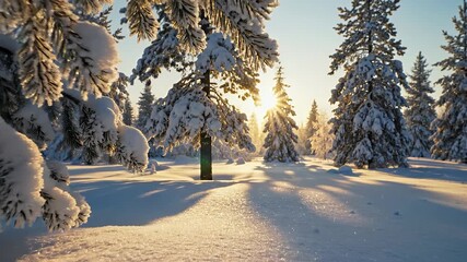 Golden sunlight illuminates a tranquil snow-covered pine forest during a peaceful winter morning. - Powered by Adobe