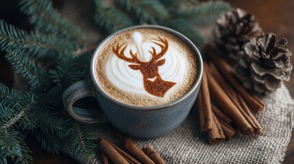 A warm cup of coffee features intricate deer latte art surrounded by cinnamon sticks and pine cones set against a rustic winter backdrop with green pine branches.