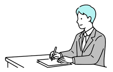書類に記入するビジネスマンのイラスト：契約と事務作業（シンプルな線画・ベクター）