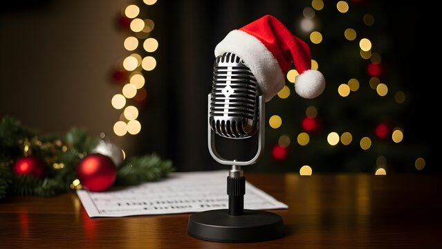 Vintage microphone wearing a Santa hat on a wooden table ready for Christmas broadcast or podcast