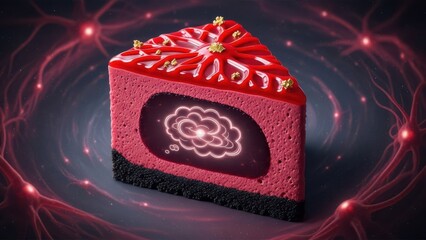 A slice of red velvet cake with a glowing brain inside, symbolizing intelligence and creativity, set against a dark, swirling background with neural network patterns, evoking innovation