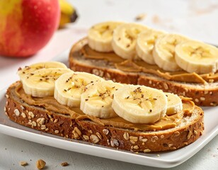 Two peanut butter and banana toasts on a plate, with apple and banana