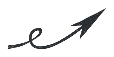 Hand drawn crayon movement black arrow. Grunge squiggly arrow. Pencil chalk lines sketch. Color brush scribble element. Doodle vector illustration.