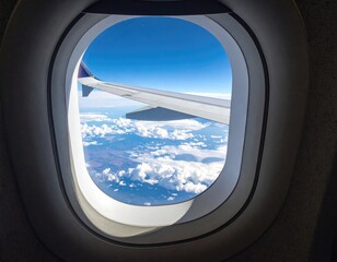 Plane window view wing, clouds, blue sky