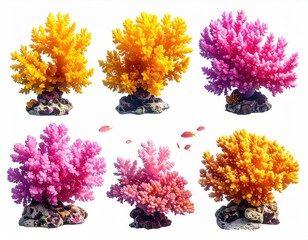 Six vibrant, colorful coral formations on white