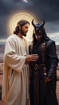 Jesus Temptation in the Desert: Christ and a Masked Devil Confrontation, Religious Depiction of Good vs Evil, Faith and Spiritual Warfare