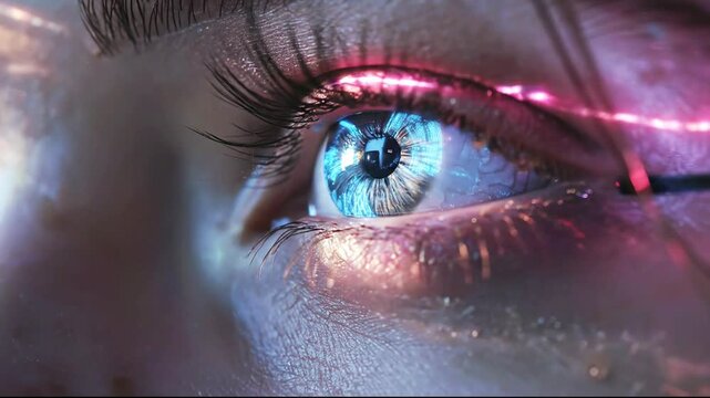 A close-up of a bionic blue eye with a digital reflection being scanned by a vibrant pink light beam