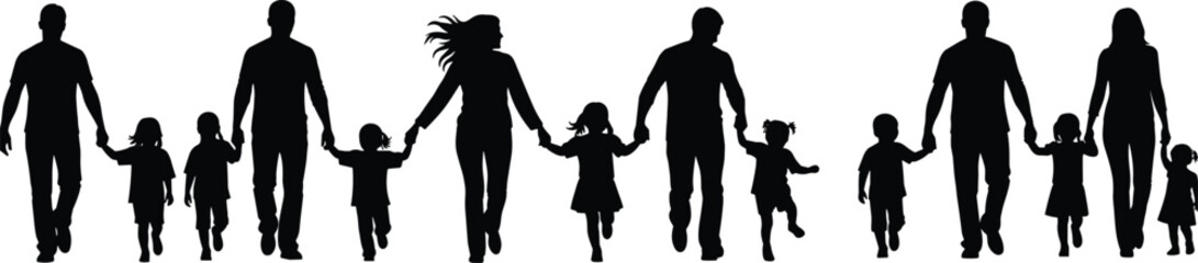 Family silhouettes walking together, holding hands, community unity, parent child bond, relationship support, togetherness illustration, social connection concept, flat vector