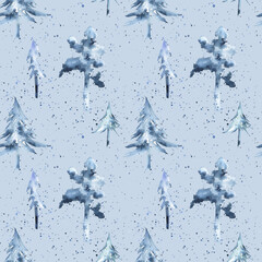 Winter watercolor pattern of pine trees in a snowfall on blue background. Traditional watercolor painting; cute surface pattern for wallpaper, gift wrapping paper, scrapbooking, home textile, and more