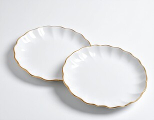 Pair white plates, scalloped edges, gold trim on white